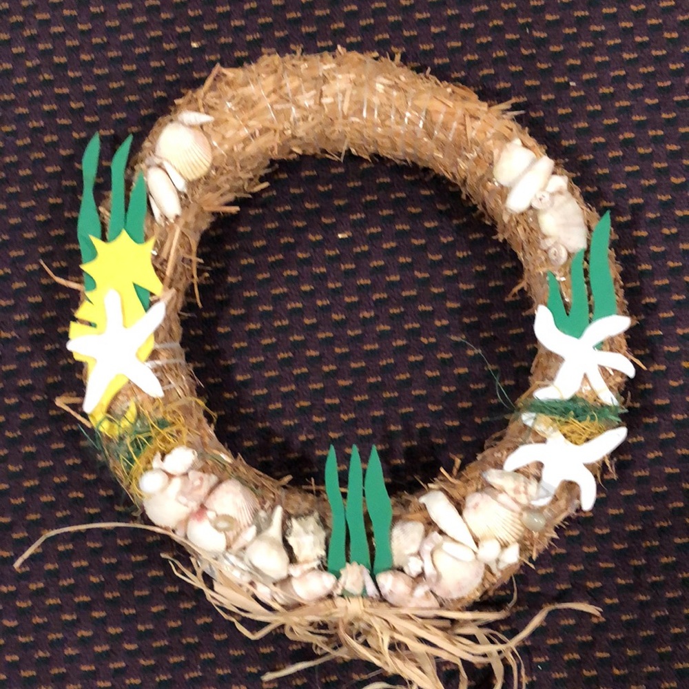 Handmade Seashell straw wreath for summertime door decor